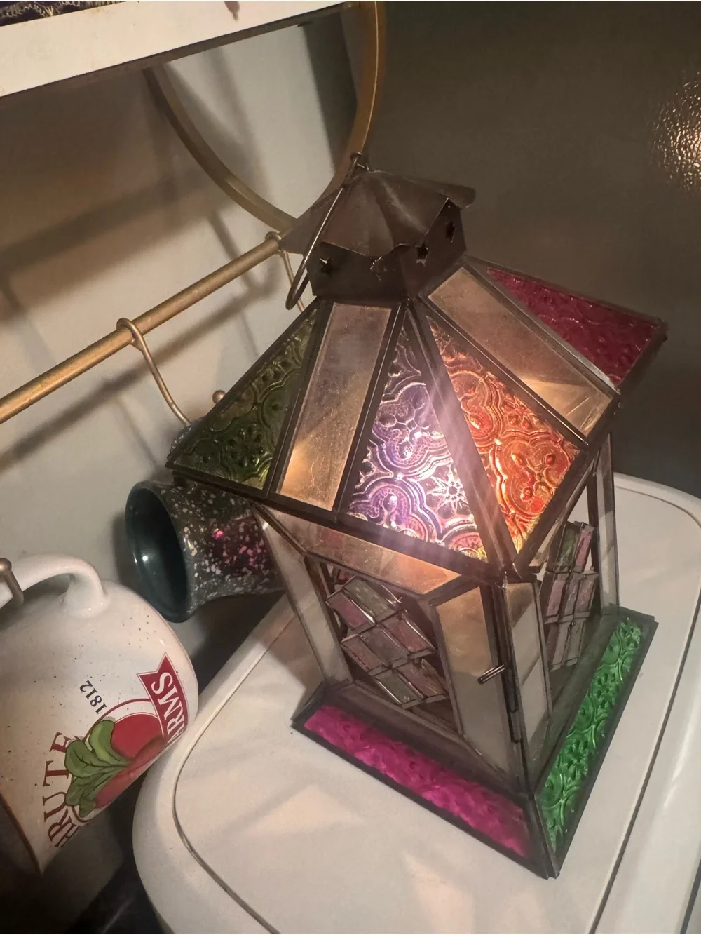 VTG Stained Glass Style Candle Lantern Multicolored Glass Metal Made In India